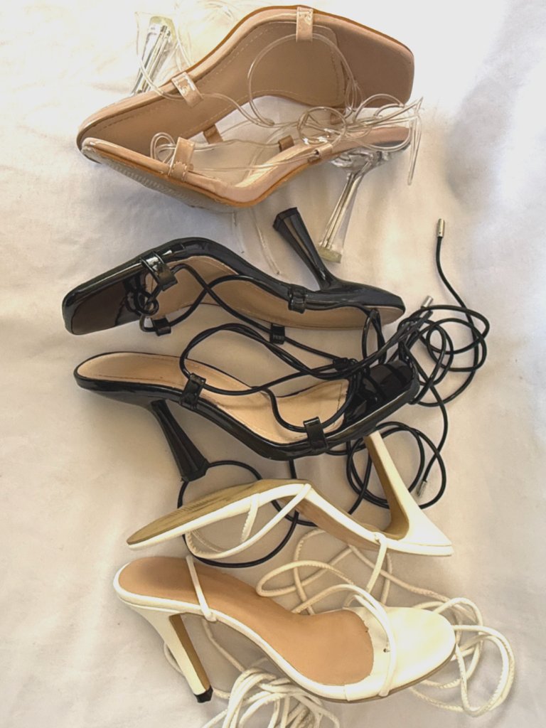 Lot Of 3 Shein Lace Up Strappy Black White Nude Heels Sandals Size 37 Us 6.5